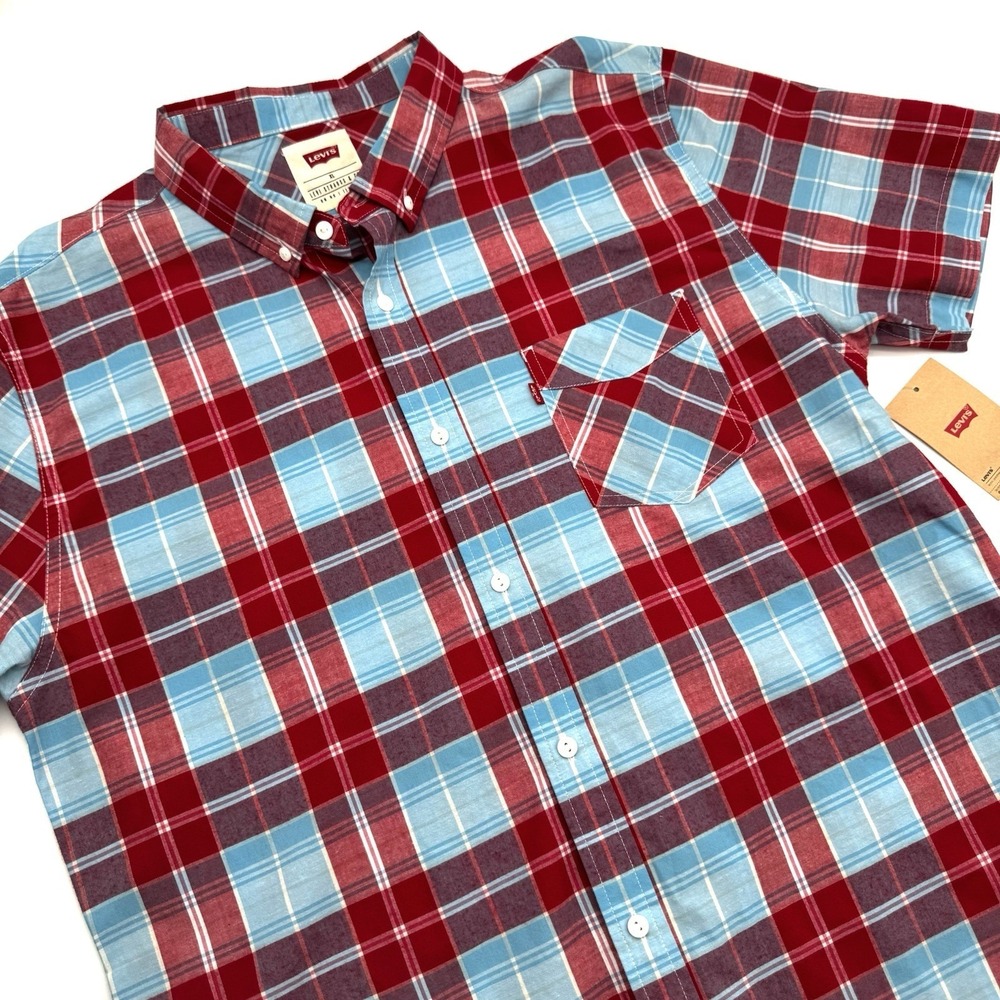 Levi's Mens XL Red Blue White Plaid Short Sleeve Button Up Shirt 3LGSW1415